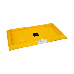 This railroad track berm is constructed of PVC and measures 2 in x 4 in x 3 in with a 14.5 gal spill capacity. It is used to contain and divert spills and pellets in industrial rail yard applications, helping to prevent environmental contamination during loading and unloading operations.