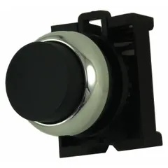 Momentary-action push-button operator from the M22 series with a metallic actuator. Designed for 22 mm panel mounting, the extended-length profile facilitates actuation in gloved or low-visibility conditions. Suitable for industrial control panel applications such as machine start, stop, or jog operations.