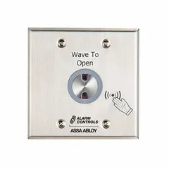 The ALARM CONTROLS NTS-2 is a wave-to-open touch plate for exit devices, allowing touchless door release via hand wave. It measures 4-1/2 inches in height and width, with a 1/2-inch depth, and is finished in gray. This unit is not ADA compliant. Typical applications include controlled-access areas in industrial or commercial facilities where hands-free operation is desired.