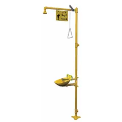 This floor-mount emergency station combines a shower and eyewash in a single unit. It features an uncovered design with a plastic bowl and galvanized steel pipe in a standard mounting configuration. Used in industrial facilities, laboratories, and chemical plants for immediate decontamination of personnel exposed to hazardous substances.