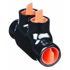 Double-sided entry multitap connector with aluminum body for splicing or tapping conductors in dry locations. Accommodates wire sizes from 14 AWG to 1/0 AWG. Suitable for use in electrical distribution, panel boards, and junction boxes.