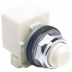 This 30 mm panel-mount LED pilot light from the 9001K Series provides white visual indication for industrial control panels. It is used to signal machine status, power-on, or alarm conditions in manufacturing and automation systems. No push-to-test feature is included.