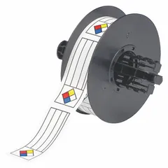 Precut vinyl label roll with a 1 1/8 in diamond and text box, measuring 1 1/8 in x 3 in. Colors are Blue, Red, White, and Yellow. Acrylic adhesive. Compatible with i5300 printer series. Used for hazard communication labeling in industrial environments.