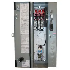 Three-phase NEMA Size 1 fusible starter with electronic overload protection, rated 600V AC maximum. Features 3 poles, 24V AC coil voltage, screw terminals, and auxiliary contacts. Designed for Class R fuses; no control transformer or pilot light included. Suitable for starting and protecting three-phase motors in industrial applications.