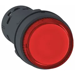 Illuminated extended-length push-button operator from the XB7 series. Momentary action with non-metallic construction. Red actuator provides visual indication. Designed for 22 mm panel mounting in industrial control and automation applications.