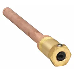 This thermowell is designed for use in HVAC systems to protect temperature sensors from process fluid contact. It features a copper shank and brass connection material, with an inside diameter of 0.43 in and a maximum insertion/bulb length of 5-13/16 in. The direct mount with setscrew design allows secure installation in pipes or tanks.