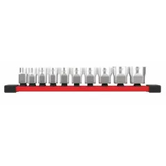 This 10-piece socket set includes SAE 6-point sockets ranging from 5/16 in to 7/8 in with a 3/8 in drive. Sockets feature a friction ball retention design for secure attachment to the drive tool. Suitable for tightening and loosening hex fasteners in automotive repair, industrial maintenance, and general assembly tasks.