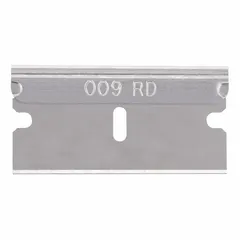 Steel straight-edge standard-tip replacement utility blades with a blade length of 1 9/16 inches and a blade width of 25/32 inches. Supplied in a 100-pack. Used for cutting cardboard, plastic strapping, and general packaging materials in warehouses and shipping departments.