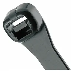 Black nylon cable tie with 6 1/2 in nominal length and 0.17 in width, designed for bundling wires, cables, and hoses. Rated for outdoor use with a nominal maximum bundle diameter of 1 1/2 in. Supplied in a 100-pack.