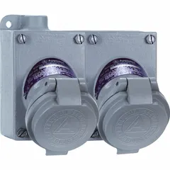 This 3-pole, single-phase pin and sleeve receptacle is rated for 20 A at 18V DC, accepting 125 to 250V AC/18V DC input. Designed for hazardous location use, it provides secure electrical connections in environments requiring explosion-proof or dust-ignition-proof ratings.