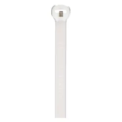 This PANDUIT fine adjustment cable tie is designed for bundling and securing wires and cables in indoor applications. It has a nominal length of 14 1/2 inches, a maximum bundle diameter of 4 inches, and a width of 0.09 inches. The natural color tie is sold in packs of 100 and is not rated for outdoor use.