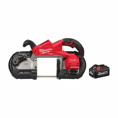 This cordless band saw kit includes one battery and no charger, designed for cutting metal, pipe, conduit, and structural steel. It provides portable cutting power for job sites where mobility is essential. Manufacturer part numbers: 2929-20 (saw kit) and 48-11-1865 (battery).
