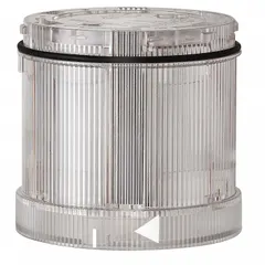 Flashing light module from the KombiSIGN 71 series with a clear lens. Operates at 120V AC. Overall diameter 70 mm, overall height 2 5/8 in. Used in industrial signaling applications such as machinery status indication and alarm annunciation.