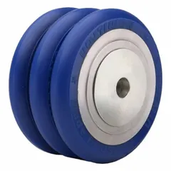 This wheel features a polyurethane tread on an aluminum core with an UltraGlide tread shape and blue color. Rated for 2,200 lb, it is suited for heavy-duty carts, industrial dollies, and tow-line systems in material handling environments.