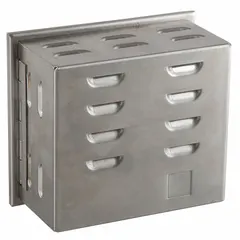 This stainless steel thermostat guard features a hinged cover with lock and key to prevent tampering and accidental adjustment of wall-mounted thermostats. The solid base and single-wall construction provide protection in commercial and industrial environments. Inside dimensions are 4-5/8 in H x 5-1/4 in W x 2-1/2 in D; outside dimensions are 5-3/16 in H x 5-13/16 in W x 2-11/16 in D. Cover color is silver.