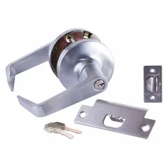 Office lever lockset with satin chromium-plated stainless steel finish and flat-with-return lever design. ADA compliant for commercial interior doors. F109 function, no message feature. Not ligature-resistant.