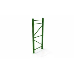 This steel upright frame is designed for teardrop-style pallet rack systems. It has a 12 ft overall height and 42 in depth, with a 3 in x 3 in post. The green finish provides corrosion resistance. Used to support beams and decking for organizing palletized goods in warehouse storage.