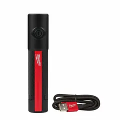 This rechargeable flashlight delivers 500 lumens with a 3.5-hour run time at maximum brightness. It includes a USB charging cord and comes with one C battery. Suitable for portable lighting in maintenance, inspection, and repair tasks.