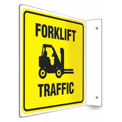 This L-shape projection sign is designed for indoor use in industrial facilities to alert pedestrians of forklift traffic. Made of PETG with mounting holes for secure attachment to walls or posts. Nominal size 8 in x 8 in, not retroreflective, no glow-in-the-dark or anti-slip features.