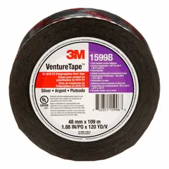 Silver metalized duct tape with acrylic adhesive and polyethylene coated cloth backing. 1 7/8 in wide, 120 yd long, 3 mil thick. Used for sealing, bundling, and light repairs in industrial settings.