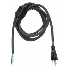 This general purpose power cord features an integrated on/off switch for convenient control. It is rated for 125V AC and comes with a 5-15P plug and a bare wire receptacle. The SJO rubber jacket provides flexibility and durability for industrial environments. Suitable for powering equipment where a switched connection is needed.