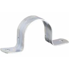 Steel two-hole strap clamp for securing 1-1/2 in IMC or RMC conduit to surfaces. Electroplated gray finish with corrosion resistance. cULus listed. Dimensions: 4-9/16 in length, 31/32 in width, 2 in height. Mounting hole diameter: 0.25 in.
