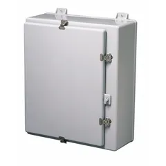 This fiberglass enclosure measures 36 x 30 x 10 inches and features a solid hinged cover. Rated NEMA 1, 12, 3, 3R, and 4X, it provides protection against corrosion, weather, and washdown environments. Knockouts are not included. Suitable for housing electrical controls, terminals, and instruments in industrial settings.
