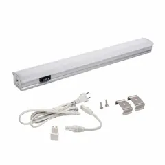 This 12-inch linear LED under-cabinet light fixture features an integrated LED, aluminum housing, and Plug-In connection. It delivers 435 lumens at 3000K color temperature, consumes 4.4W, and operates on 120V AC. The fixture includes High/Low/Off switching and is suited for task and accent lighting in kitchens, workshops, and display cases.