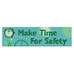 Indoor/outdoor safety banner made of poly sheeting with one printed side. Nominal sign size is 28 in x 96 in. Suitable for use in industrial facilities to promote safety awareness.