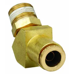 Brass adapter elbow with push-to-connect on one end and 1/4 in NPTF male thread on the other. Connects 1/4 in OD tubing to a female NPTF port. Used in pneumatic systems and air brake circuits for leak-resistant, vibration-dampened joints without tools.