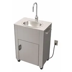 This one-bowl portable hand sink features a sensor-operated faucet with a flow rate of 0.5 gpm. It is designed for use in locations without permanent plumbing, such as temporary work sites, outdoor events, and industrial facilities. Water heater not included.
