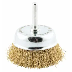 This nonsparking cup brush is designed for light cleaning of soft materials where spark prevention is critical. The crimped brass construction safely removes surface contaminants without damaging the workpiece. Brush diameter is 2-3/4 in, shank size is 1/4 in, and fill diameter is 0.014 in.