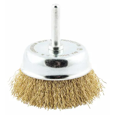 OEM Cup Brush: Crimped Brass, Nonsparking, 2-3/4 in Dia, 1/4 in Shank, 0.014 in Fill - Nonsparking Light-Cleaning Brushes for Soft Materials