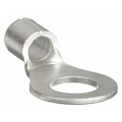 Non-insulated ring terminal for #4 stud size, accepting 22 AWG to 16 AWG wire. Rated 600 V with brazed barrel and seam for mechanical strength. Used to create secure, vibration-resistant electrical connections on studs or screws in control panels, machinery, and power distribution.