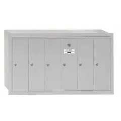 Vertical multi-unit mailbox with 6 lockable front-access doors. Measures 19 in H x 35 1/4 in W x 7 1/2 in D for recessed mounting. Suitable for secure mail distribution in multi-tenant residential or commercial settings.