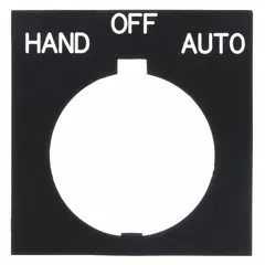 Rectangular non-metallic legend plate with 4 in overall height and 4 in overall width. Black body with white legend area displaying 'For Safe Rev' in English. Designed for 30 mm panel-mounted push-button applications to label reverse safety functions.