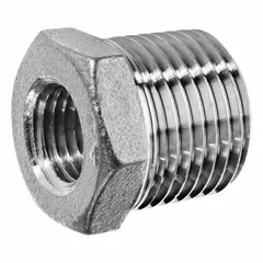 This straight reducer fitting connects a 3 in male NPT pipe to a 1/2 in female NPT pipe. It is rated for a maximum operating pressure of 150 psi and includes thread sealant for leak-resistant joints. Suitable for low-pressure plumbing, pneumatic, and hydraulic systems.