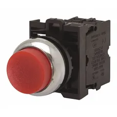 Red illuminated extended-length push-button operator from the M22 series with maintained action. Features a non-metallic push button and 22 mm mounting size. Suitable for industrial control panel applications requiring sustained contact, such as machine start/stop or mode selection.