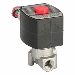 This REDHAT solenoid valve is a 2-way, 2-position, normally closed, high-flow valve with a 1/4 in pipe size. It operates on 120V AC (also rated 110V AC) and features a watertight coil enclosure suitable for washdown or outdoor environments. Used for on/off control of liquids or gases in industrial automation and fluid-handling systems.