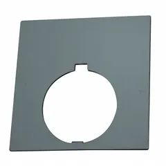 Rectangular legend plate for 30 mm panel mounting, part of the HT800 series. Overall height 1 in, overall width 1 1/2 in. Non-metallic plastic construction with white/silver finish and notch. Used to label push-button stations in industrial control panels.
