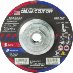 Ceramic cut-off wheel for carbon and stainless steel, 4 1/2" diameter, 0.045" thickness, 5/8"-11 arbor, 60 grit. Part of The Ultimate Ceramic series. Designed for cool-cutting applications to minimize heat buildup during material removal.