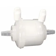 This filter capsule features a polypropylene housing with barbed inlet and outlet connections, each with a maximum size of 12.7 mm. It is used for inline filtration in fluid systems to remove particulates from water, chemicals, or process fluids.