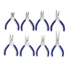 This set includes eight pliers with standard cushion grips and spring return mechanisms, stored in a pouch. The pliers range from 6 to 9 inches, suitable for precision assembly, electrical work, and general maintenance tasks requiring fine manipulation and gripping.