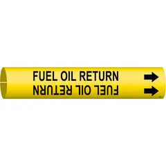 Snap-on pipe marker for identifying fuel oil return lines. Yellow background with black legend and directional arrows. Fits pipe outer diameters from 2-1/2 to 3-7/8 inches. Single marker included.