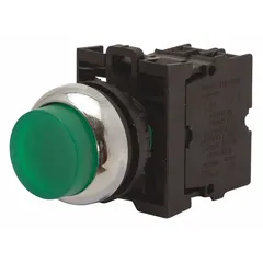 Momentary-action illuminated push button from the M22 series with an extended non-metallic profile. Features 22 mm mounting size and 2 normally open (2NO) contacts. Suitable for machine control, panel signaling, and operator interface applications requiring clear visual status indication.