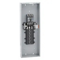 This 150A, 3-phase, 30-space indoor load center is rated for 208Y/120/240V AC with a 25kA short-circuit current rating. It features a main circuit breaker configuration and a plug-on neutral design for simplified wiring. The enclosure cover is ordered separately. Suitable for power distribution in commercial or industrial facilities.