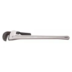 Aluminum straight end pipe wrench with serrated jaws. 60 in overall length provides leverage for gripping and turning pipes or fittings in plumbing and industrial maintenance. Jaw capacity 8 in.