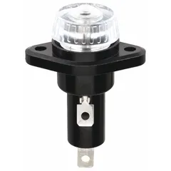 Single-pole panel-mount fuse holder for 13/32 in x 1 1/2 in cylindrical fuses. Rated 30 A max at 600 V AC. Features a screw knob cap for fuse access and 1/4 in quick-connect terminals. Suitable for overcurrent protection in control panels and electrical equipment.