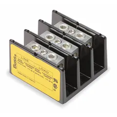 This open power distribution block with lugs is designed for surface mounting and accepts line side wire sizes from 14 AWG to 2/0 AWG. The aluminum construction supports lug-to-lug connections for distributing power from a single source to multiple circuits in industrial control panels, switchgear, and machinery.