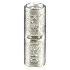 Non-insulated butt splice connector for joining two wires end-to-end. Accepts wire sizes 12 AWG to 10 AWG, rated 600 V. Bare copper construction allows crimping or soldering. Pack of 50 pieces.